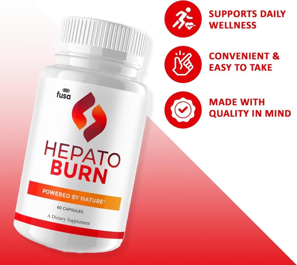 Image showing Hepatoburn bottle with its benefits: liver support, detox, fat metabolism, and energy.